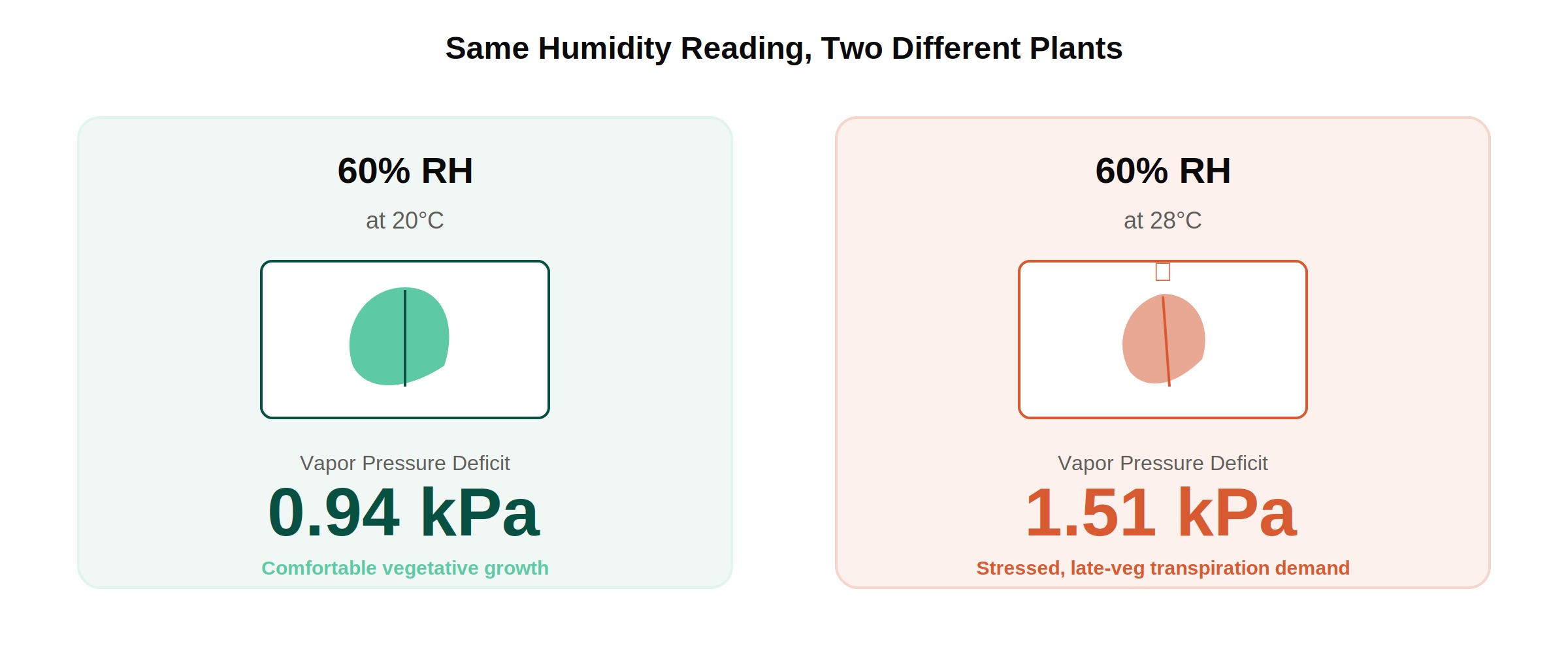 Identical 60% relative humidity produces very different VPD at 20C versus 28C