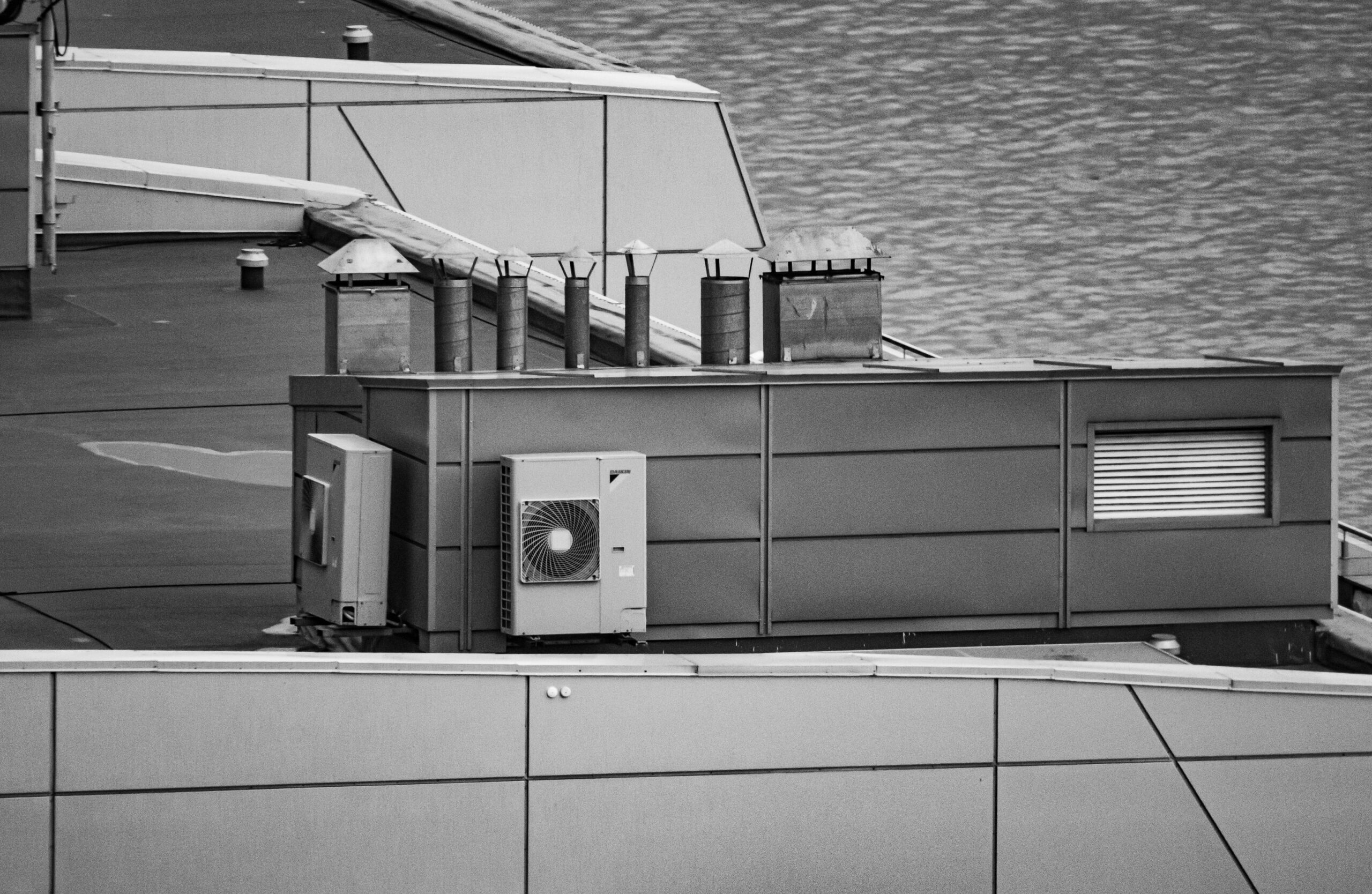 Industrial air handling unit with visible ductwork connections